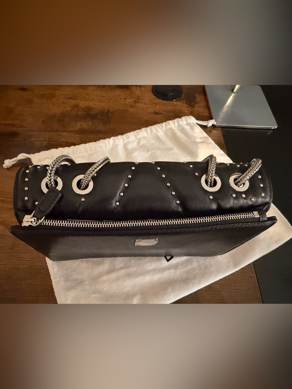 MCM Black Leather Studded with Swarovski Crystals Crossbody with Silver Chain - Picture 9 of 16